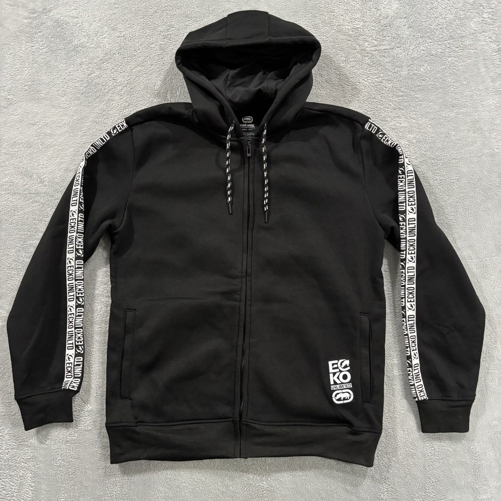 Ecko Unltd Full Zip Jacket Men's Large White Logo Tape Hooded Fleece Y2k Black